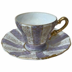 Vintage Made in Japan Scalloped Edge Tea Cup Saucer Set Purple Stripes Gold Tri